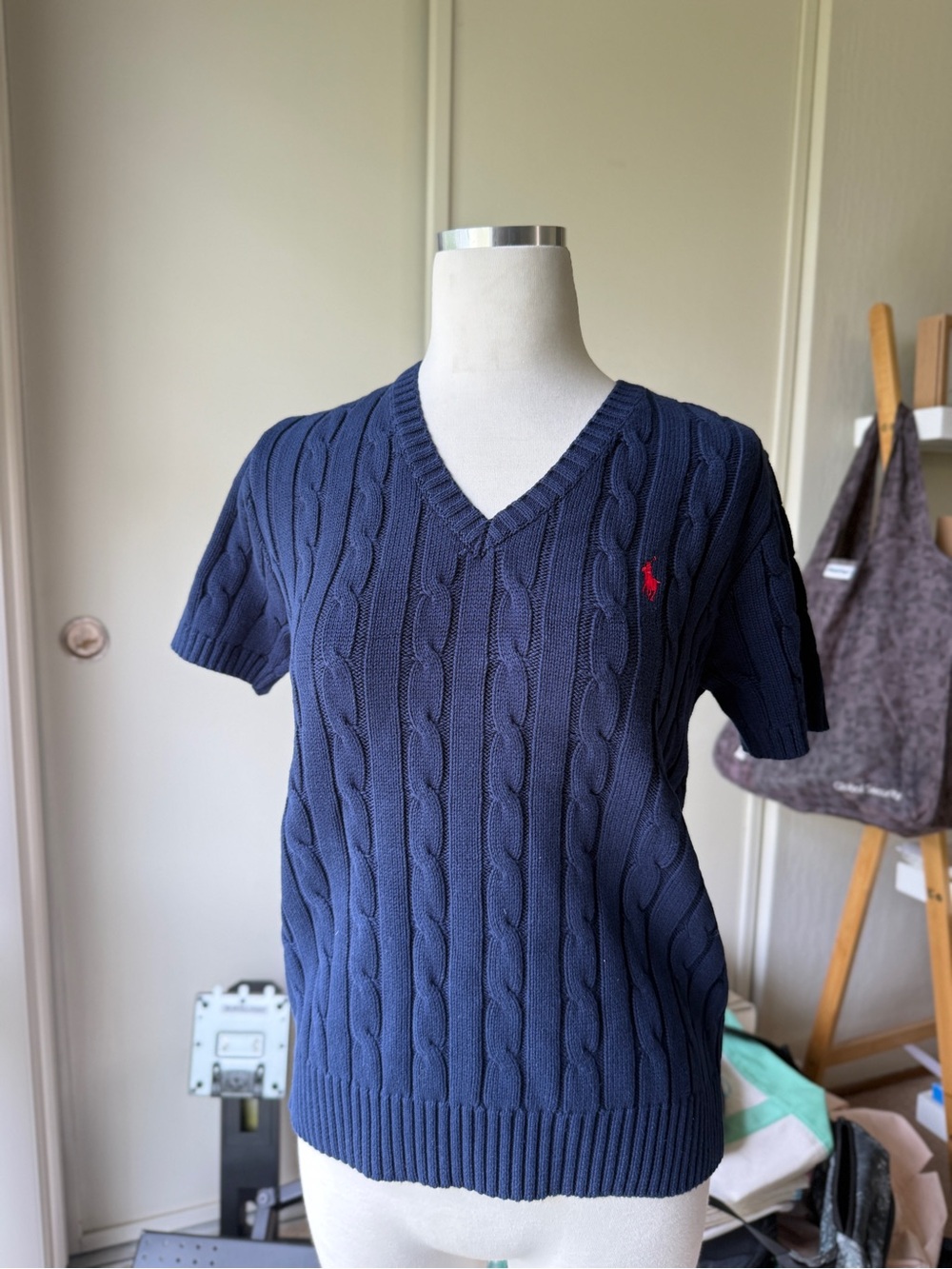 Polo by Ralph Lauren Navy Cable Knit Short Sleeve Sweater with Red Pony